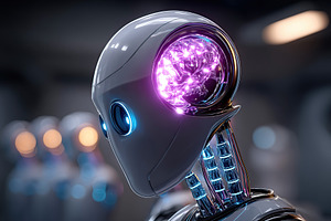 Futuristic robot with glowing brain in a high-tech laboratory environment, a Technology Photo by AlyaAnd