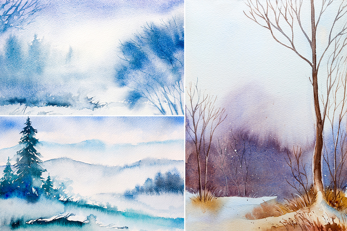 Winter Landscapes set#3. Watercolor., an Illustration by AlexGreenArt (Photo 3 of 4)