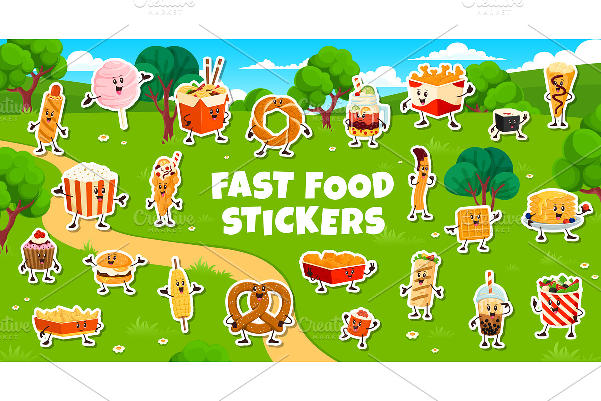 Fast food characters stickers, a Food Illustration by Buch&Bee