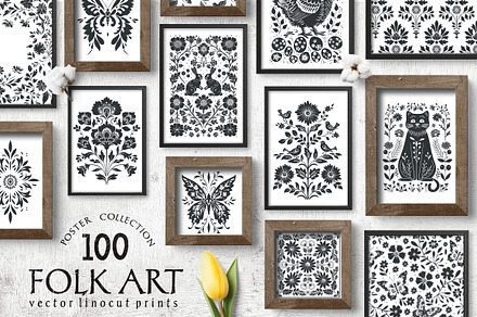 100 Folk Art vector linocut prints, an Object Graphic by DariSmartArt