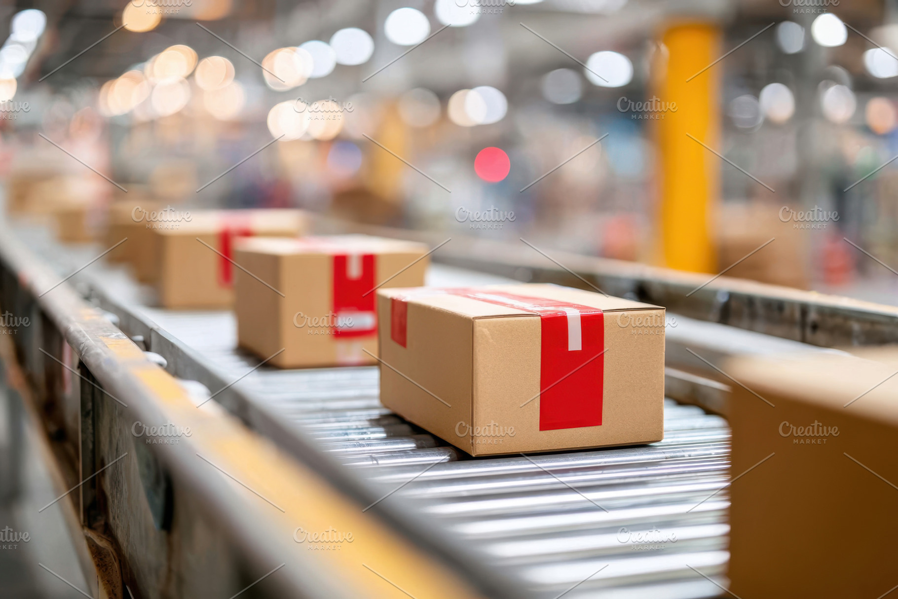 Automated conveyor belt with boxes in warehouse, a Business Photo by AlyaAnd