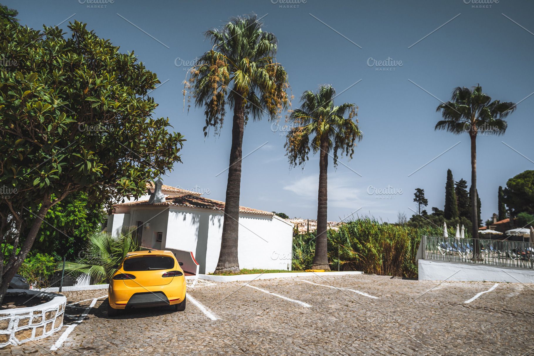 Yellow Car and Palms: Color Harmony, an Architecture Photo by SkyNext