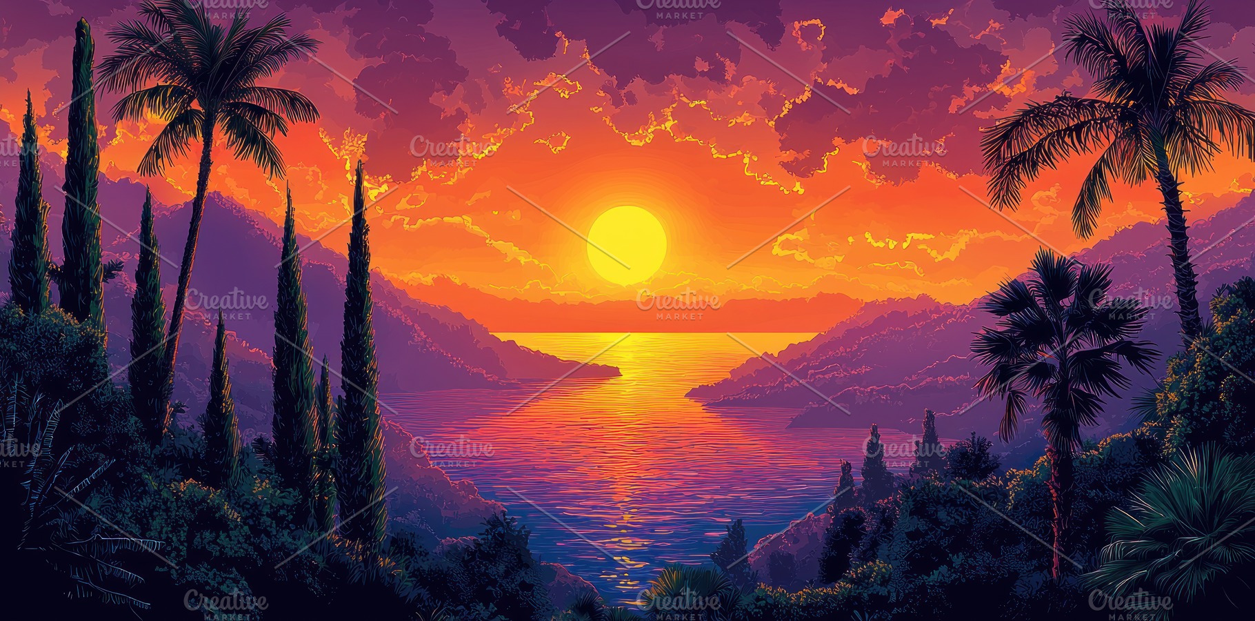 Tropical mountain bay at sunset with vivid sky, calm water, and, a Nature Photo by José Manuel Gelpi