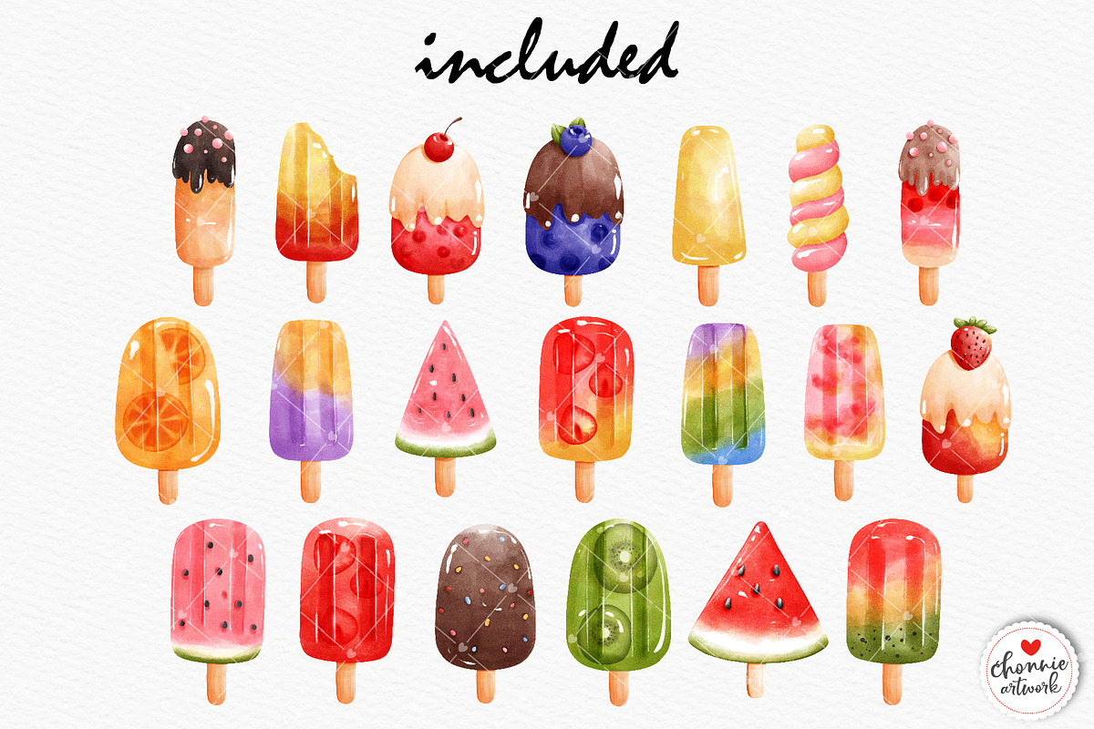 Watercolor Popsicles Clipart, a Food Illustration by Chonnieartwork (Photo 2 of 3)
