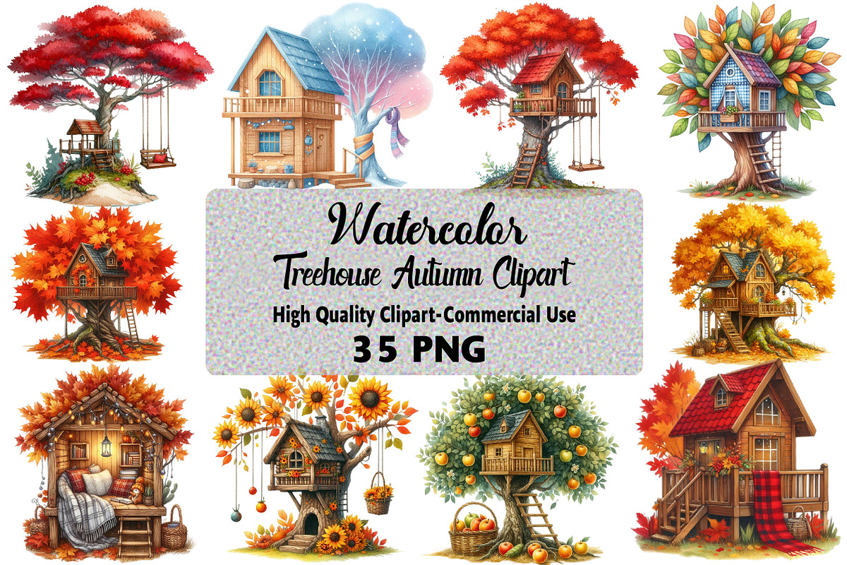 Watercolor Autumn Treehouse Clipart, an Illustration by Daily.Designs (Photo 1 of 5)