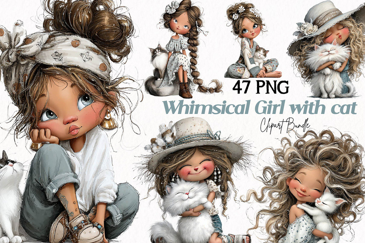 Whimsical Girl with cat clipart, a Person Illustration by fashionaddict (Photo 1 of 7)