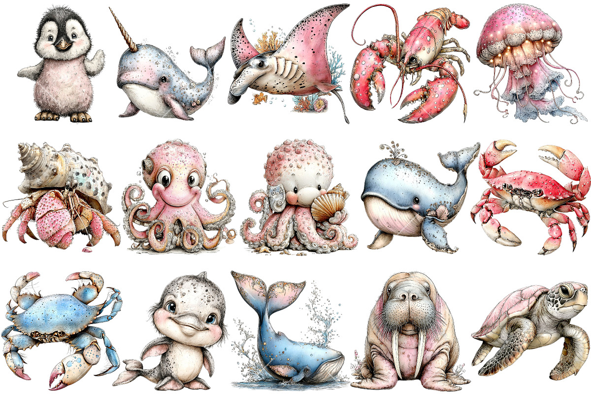 Whimsical Sea Animals Clipart, an Illustration by OK Design (Photo 3 of 6)