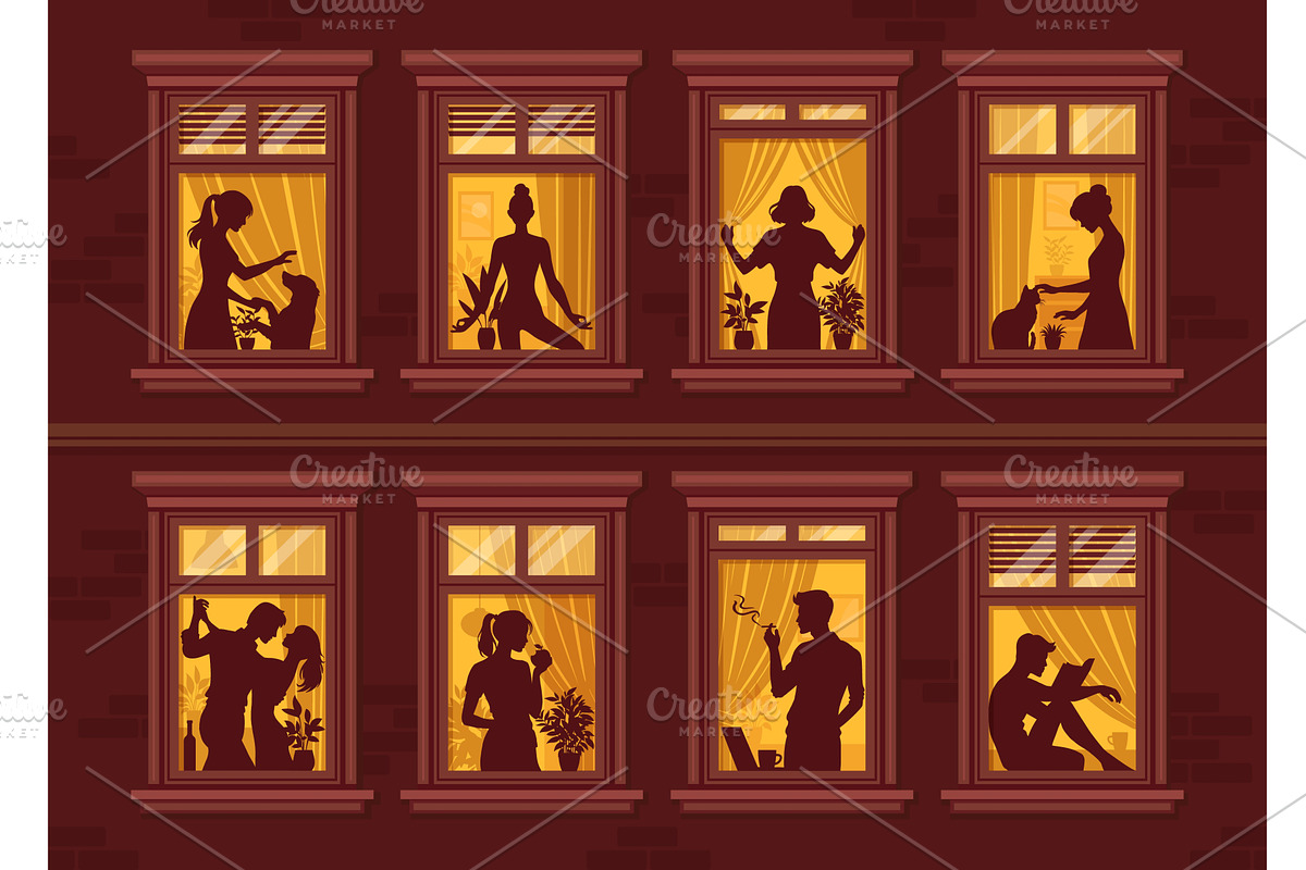 People silhouettes in night windows, a Person Illustration by Vector Tradition