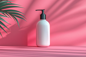 A sleek white bottle with a black pump sits on a vibrant pink surface, enhanced, a Background Photo by ImageMir