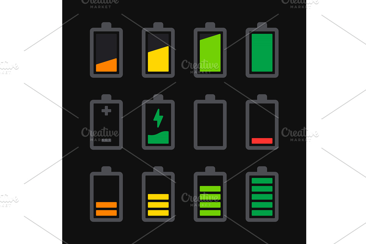 Battery Icons Set on Black, an Object Graphic by in8finity