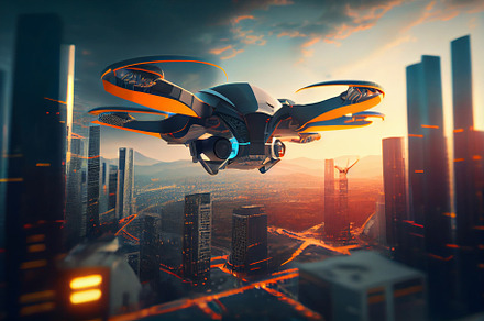 drone quadcopter with digital camera hovering over city. Futuristic cityscape a, a Technology Photo by Olyryk & Aglo