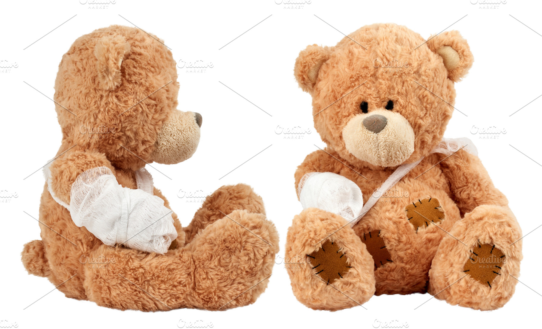 Soft brown teddy bears sitting with bandaged arms and visible st, a Health & Medical Photo by ndanko