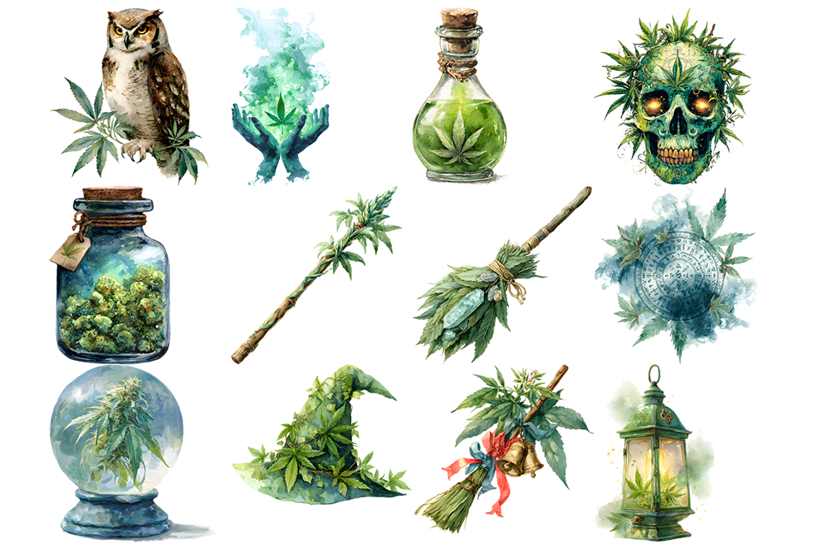 Watercolor Witches Cannabis Clipart, a Decorative Illustration by stickermadness (Photo 2 of 4)