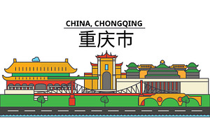 China, Chongqing. City Skyline: Architecture, Buildings, Streets, Silhouette, Landscape, Panorama, Landmarks. Editable Strokes. Flat Design Line Vecto