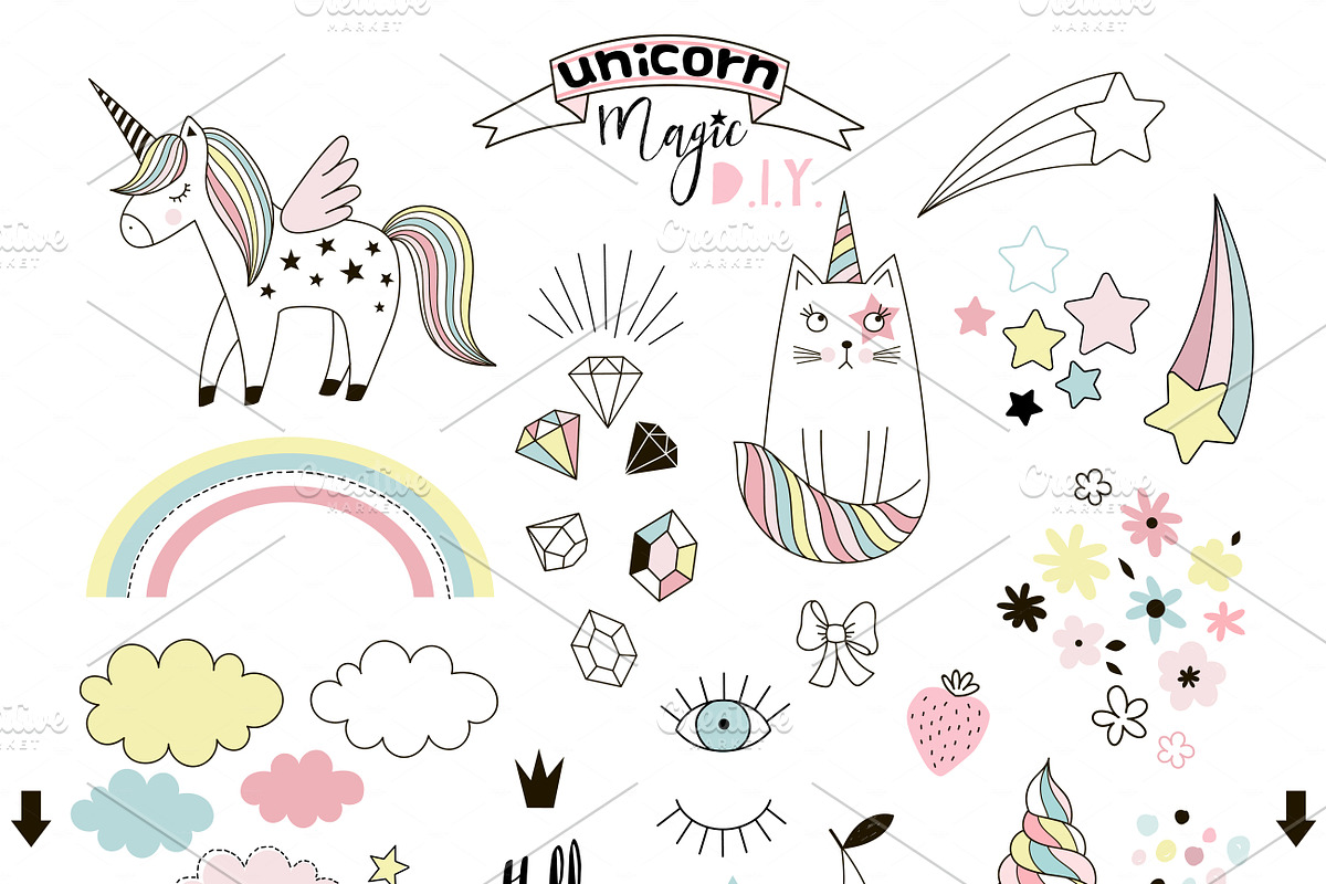 Unicorn Magic cliparts & patterns, a Decorative Illustration by @olga.angelloz (Photo 2 of 6)