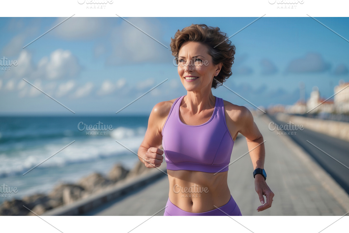 Active woman jogging along a seaside, an Illustration by tilialucida