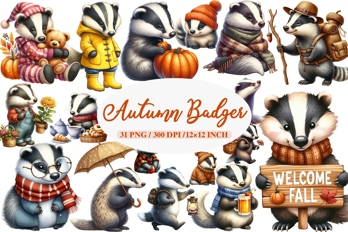 Watercolor Autumn Badger Clipart, an Illustration by Daily.Designs (Photo 1 of 5)