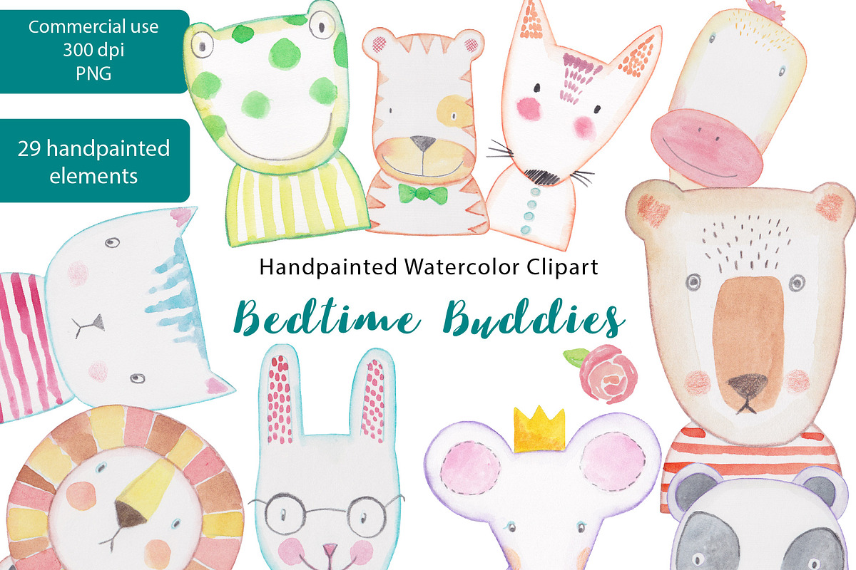 Watercolor Bedtime Buddies PNGs, an Animal Illustration by LittleAcornGraphics (Photo 8 of 8)