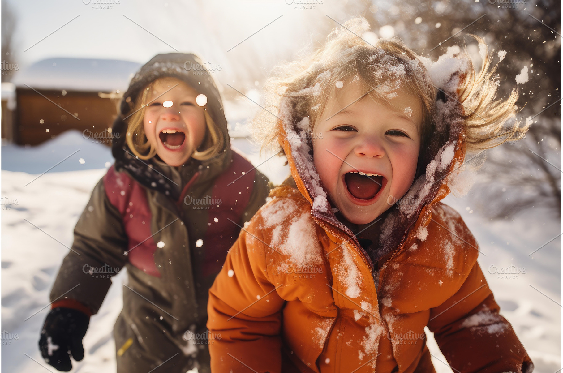 Two happy children playing in snow, a Person Photo by Ylivdesign