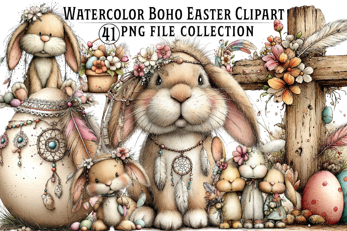 Boho Easter Watercolor Clipart, an Illustration by Dream Creation (Photo 1 of 5)