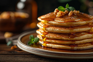 A delicious stack of fluffy pancakes drizzled with syrup, adorne, a Food & Drink Photo by ImageMir