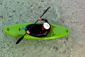 Kayaking Down the River. Caucasian Men in green Kayak. Soca river, Bovec, Slove, a Sports & Recreation Photo by Bepslabor