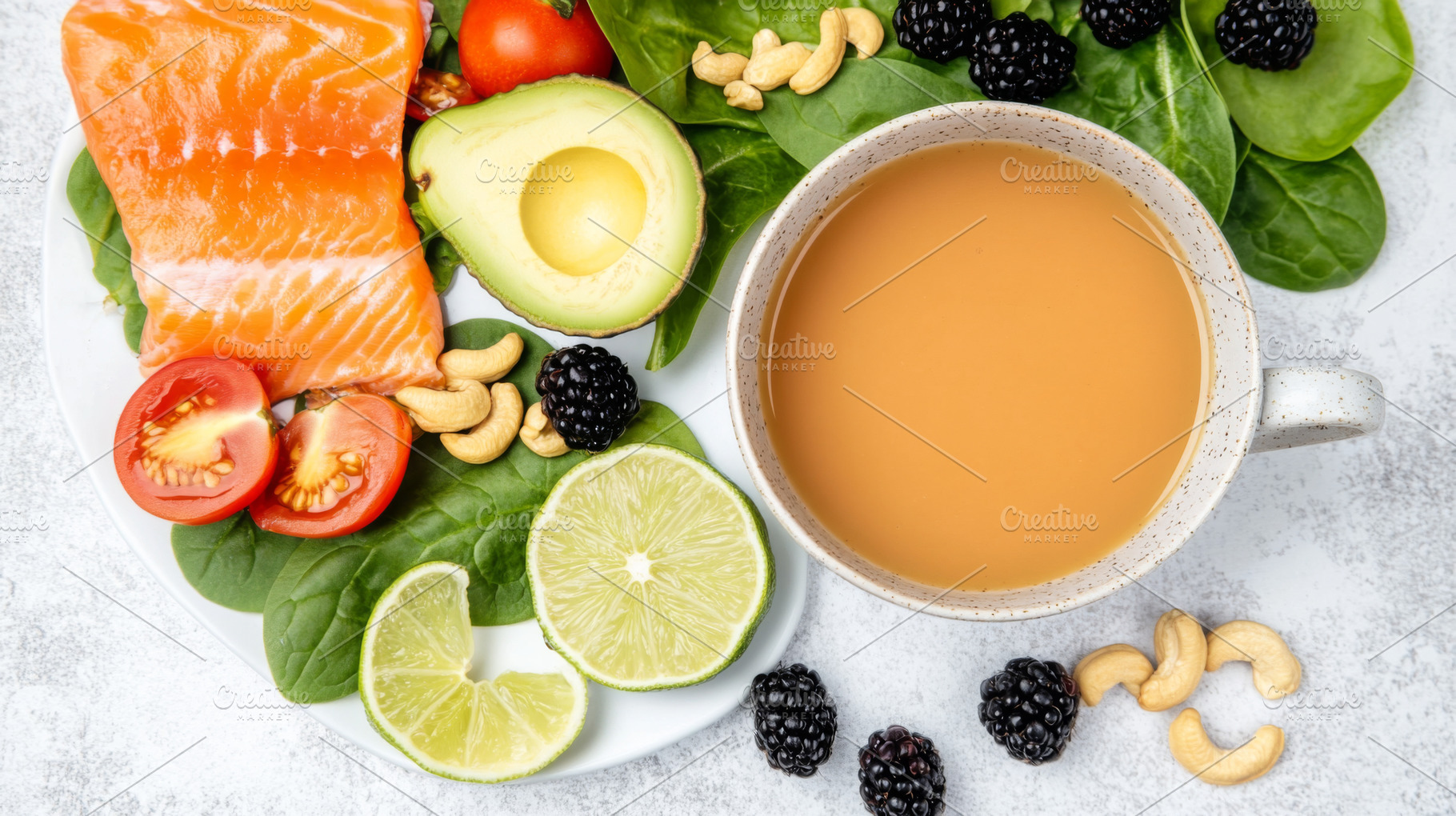 Keto diet ingredients with salmon, a, a Photo by Dvoevnore photos
