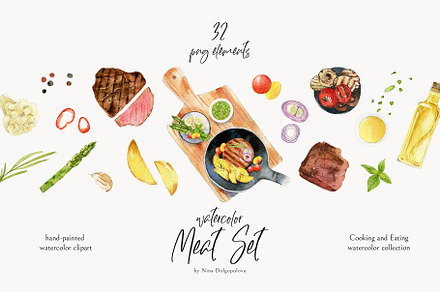 Watercolor Food Clipart, Meat Set.