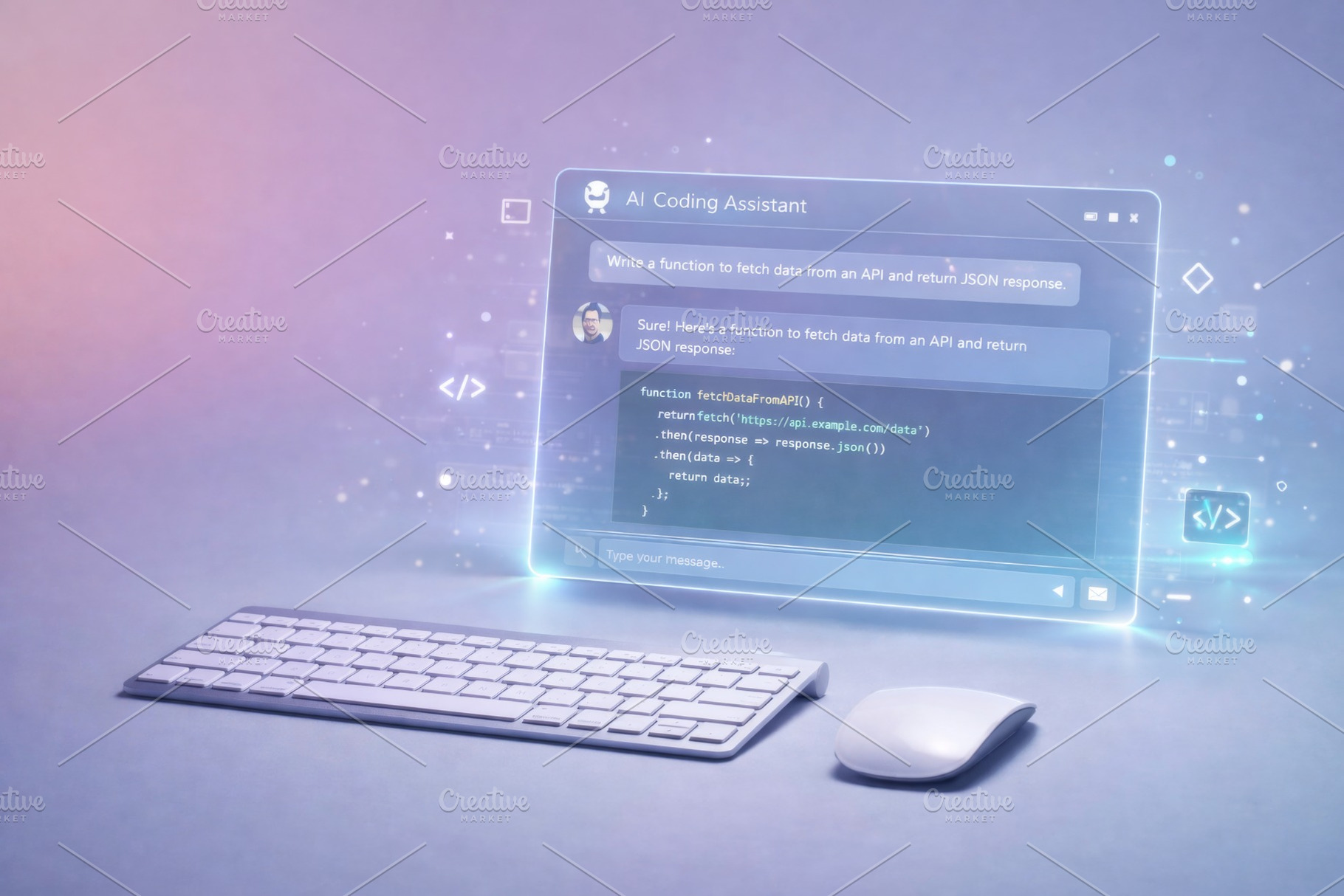 AI coding assistant with keyboard and mouse on holographic inter, a Photo by Dvoevnore photos
