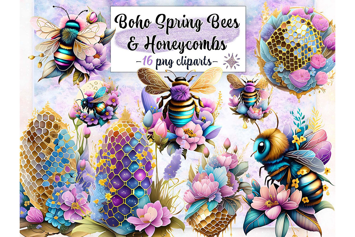 Boho Spring Bees & Honeycomb Clipart, an Animal Illustration by EdeniaArtStudio (Photo 1 of 6)