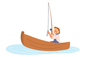 Little boy in boat catches fish in, a Person Illustration by Vectorbuum