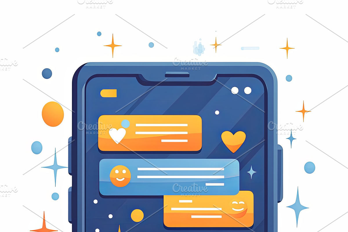 Hand holding smartphone with colorful text messages and emoticons, an Illustration by AS photostudio