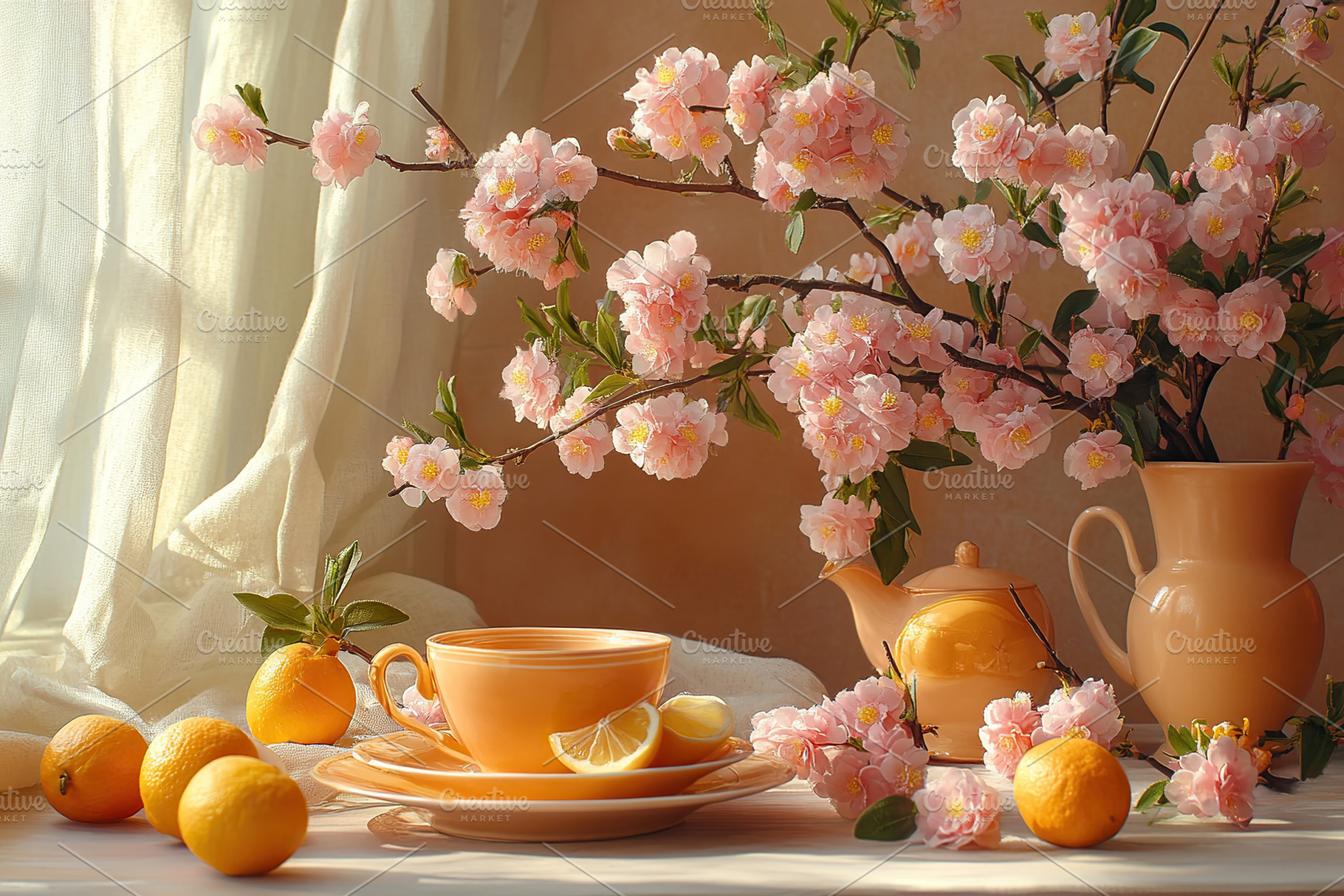 Orange tea in cup with ripe fruits and spring flowers, a Nature Photo by AlyaAnd