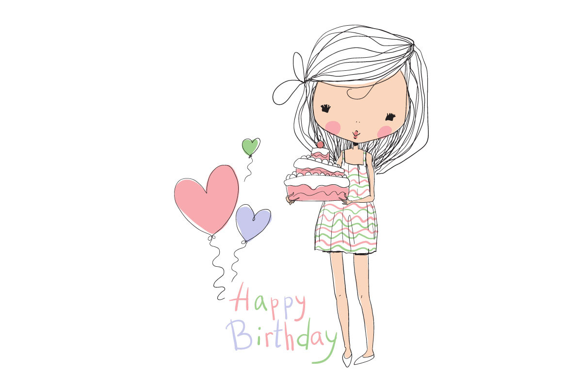 sweet girl with birthday cake, an Illustration by Natalia Skripko