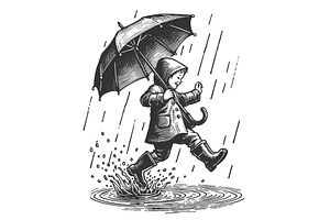 child jumping in puddle with, a Person Illustration by AlexArt