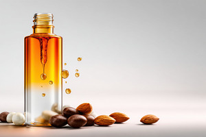 Oil bottle with nuts and drops, a Photo by Beautiful things