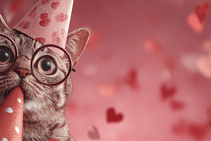 Adorable tabby cat wearing glasses and a party hat, surrounded b, an Abstract Photo by Ales Munt