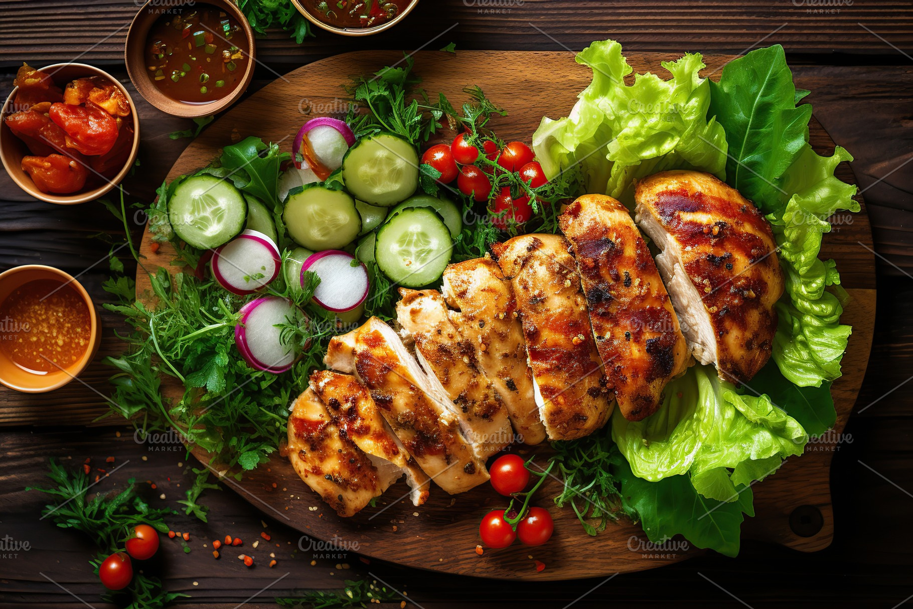 Baked chicken fillet with vegetables on wooden background. Generative AI, a Food & Drink Photo by AlyaAnd