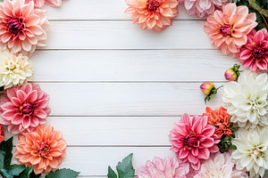 Vibrant arrangement of pink, orange, and white dahlia flowers on a rustic woode, a Nature Photo by AlyaAnd