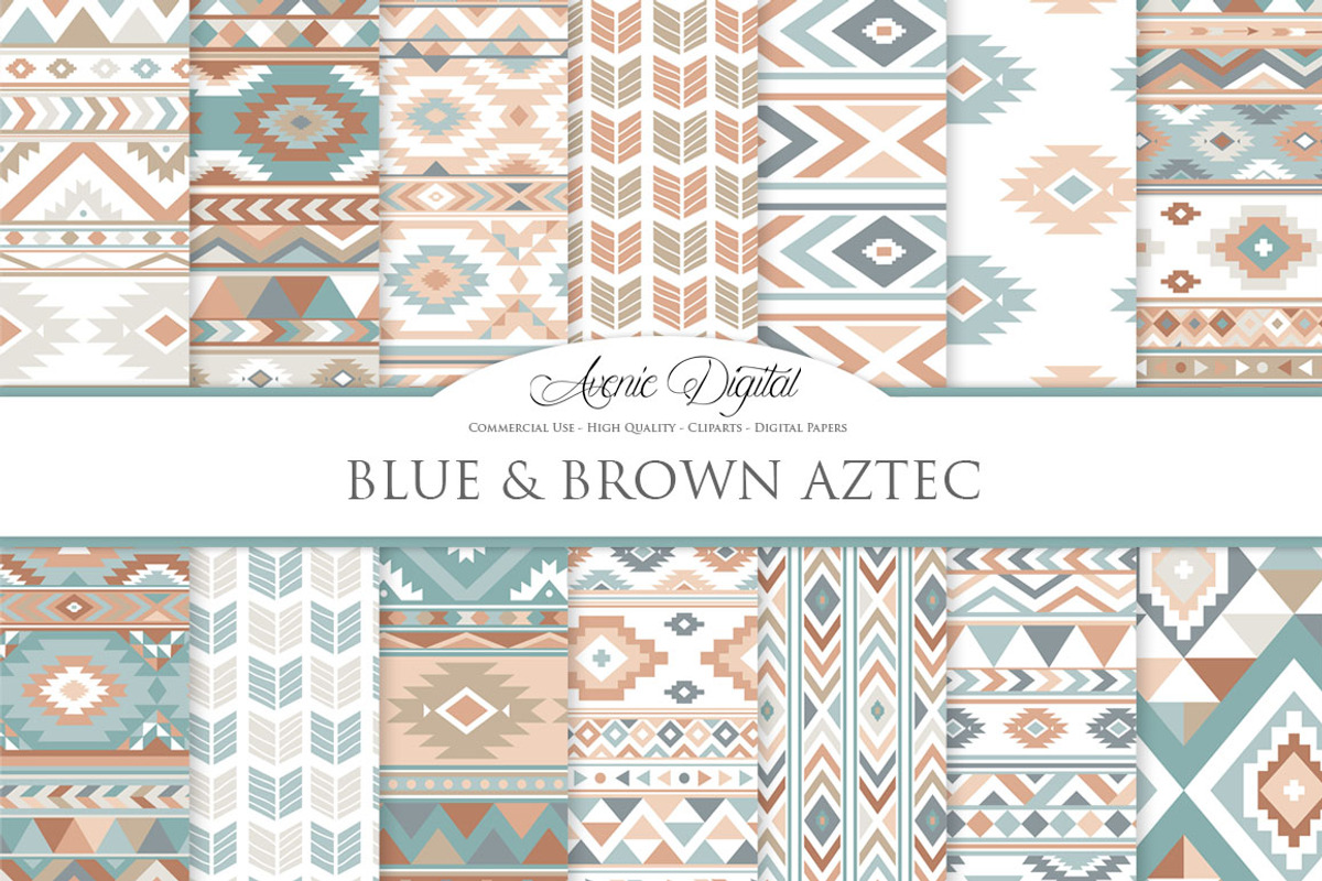 Blue and Brown Aztec Digital Paper, a Pattern Graphic by Avenie Digital (Photo 1 of 4)