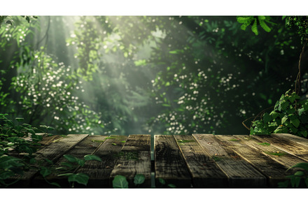 wooden table in a lush forest, a Nature Photo by Neirfy