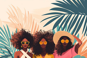Three fashionable women posing stylishly in tropical-inspired summer outfits, an Illustration by AS photostudio