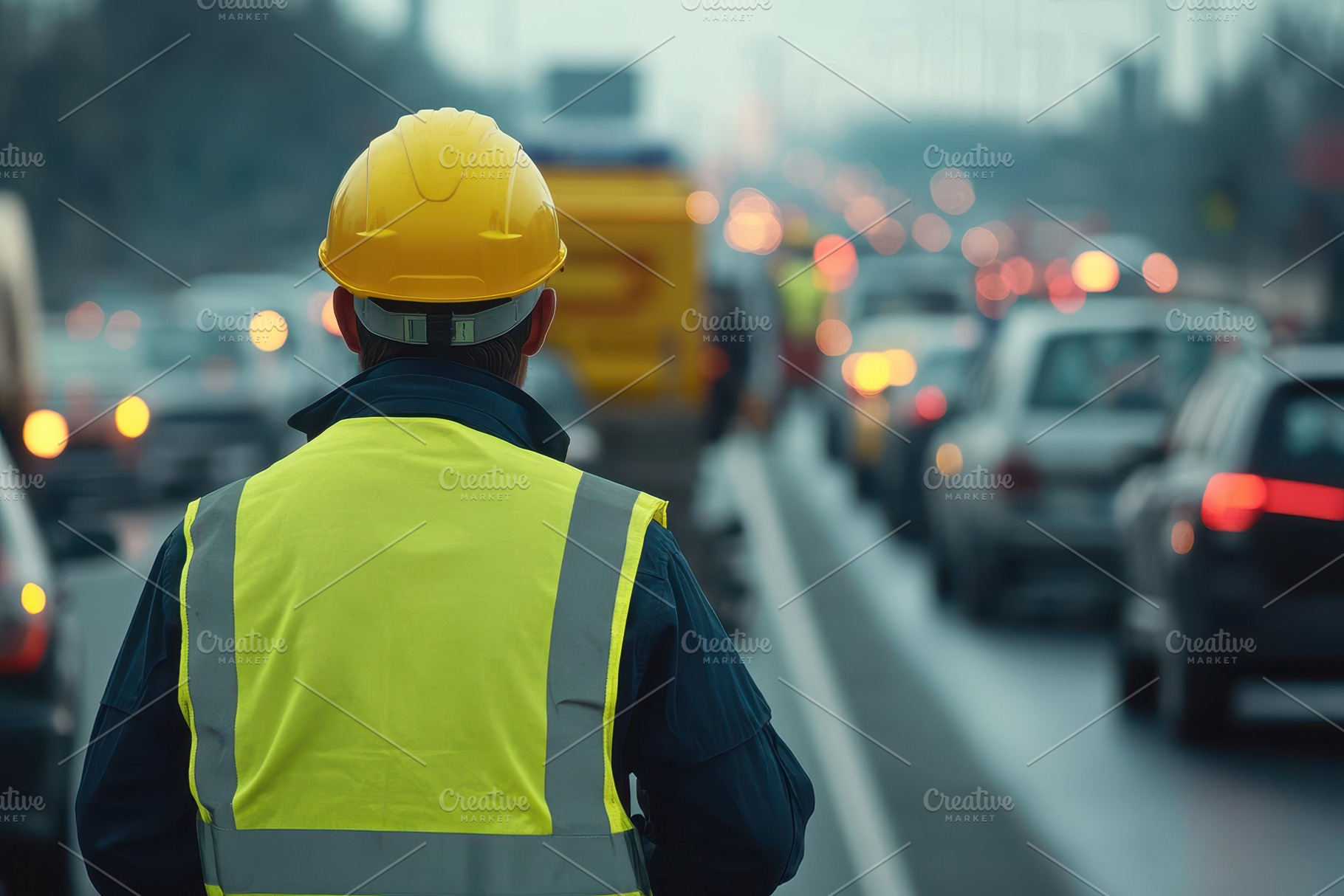 A construction worker wearing a yell, a Photo by Tanuart