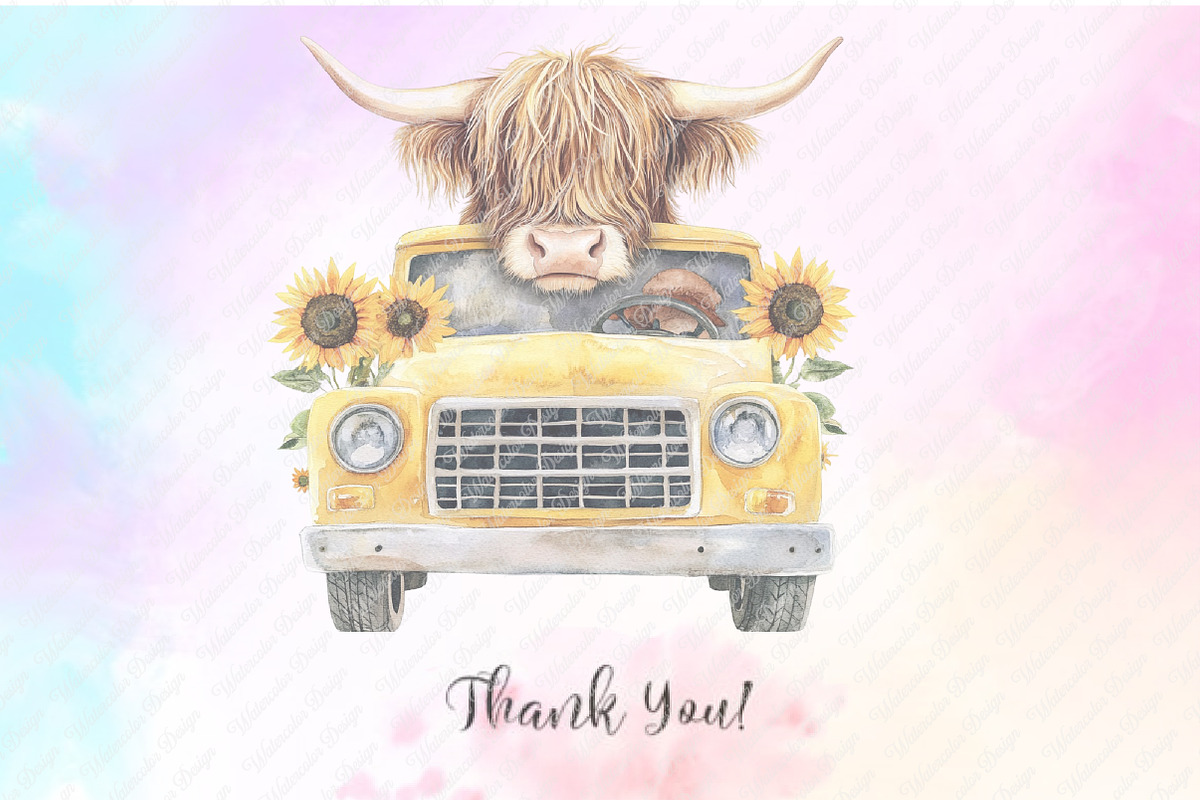 Sunflower Highland Cow Truck Clipart, an Illustration by Watercolor design (Photo 9 of 12)