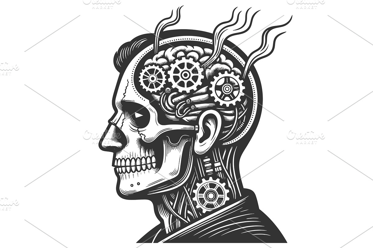 Mechanical brain of steampunk cyborg, an Illustration by AlexArt