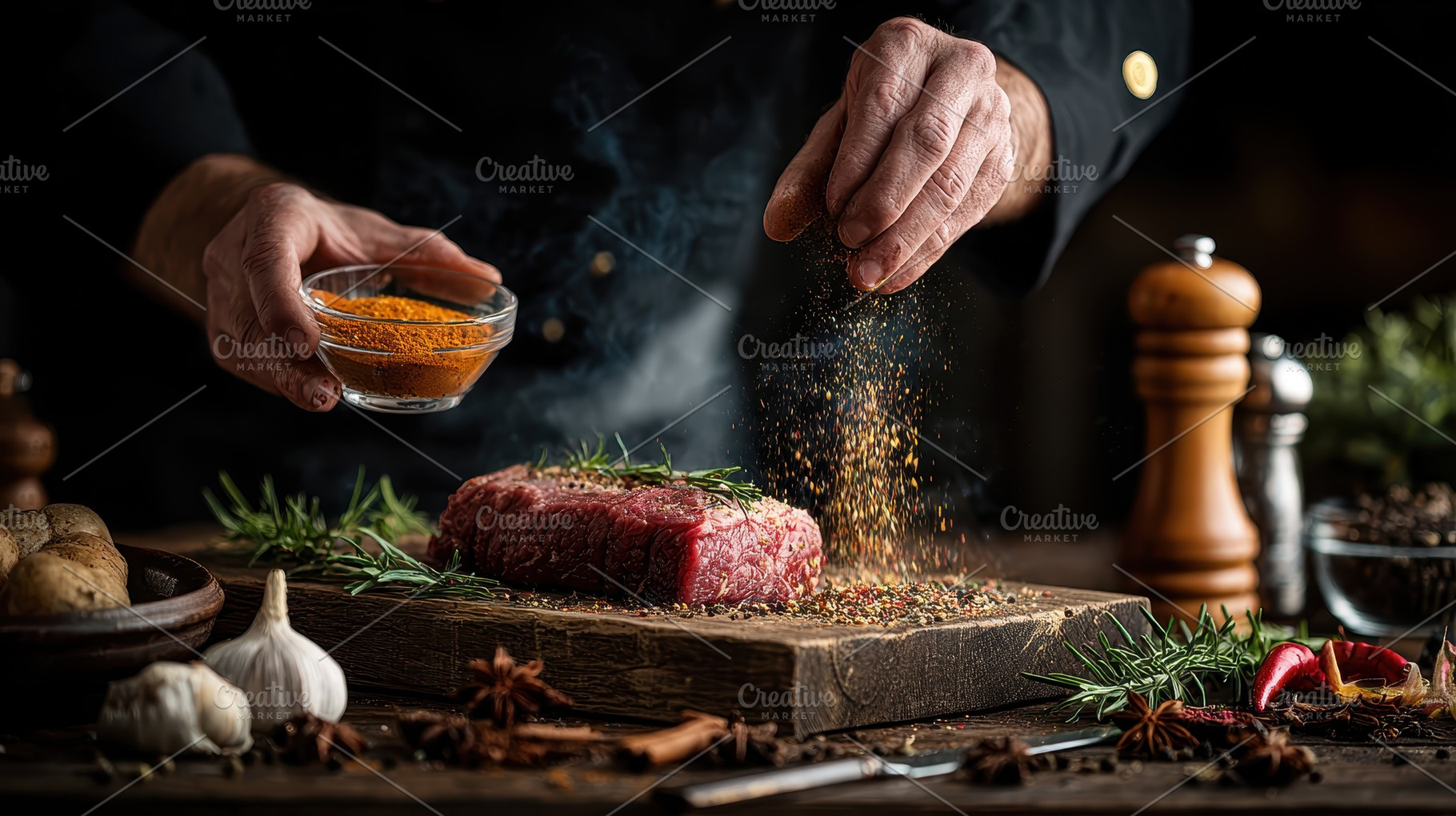 Chef seasoning raw beef steak with s, a Photo by Pixeness Studio