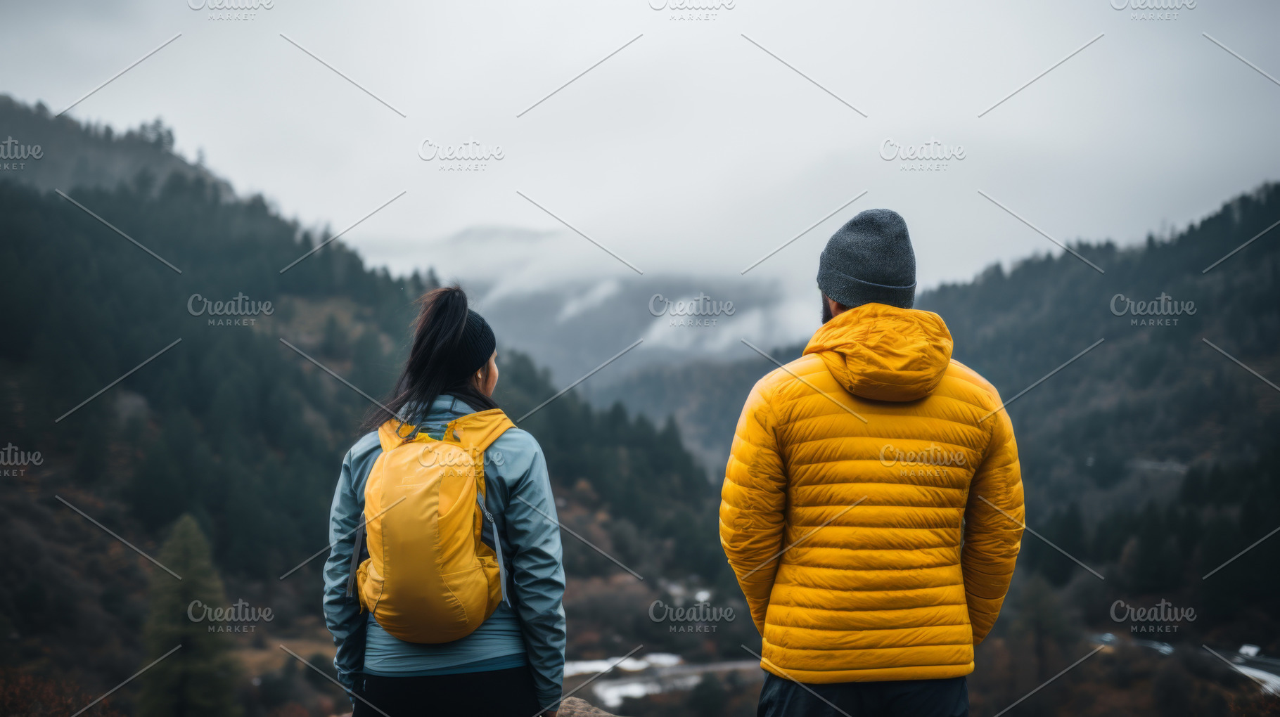 Couple tourists enjoying mountain vi, a Photo by Dvoevnore photos
