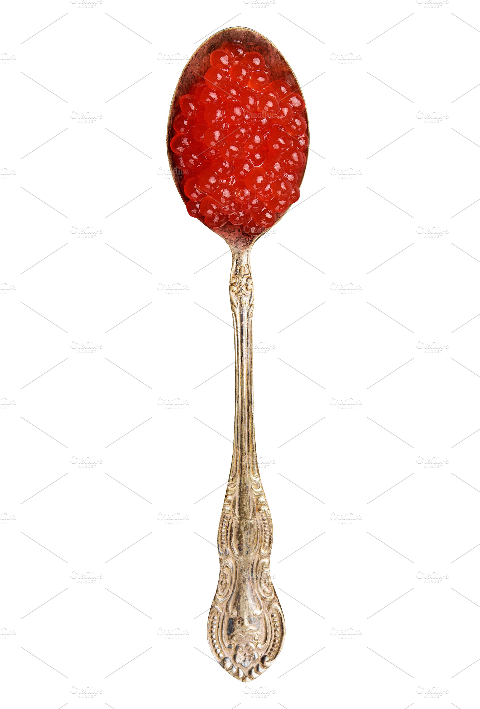 Red caviar of chum salmon in a metal spoon, isolated background, a Food & Drink Photo by ndanko