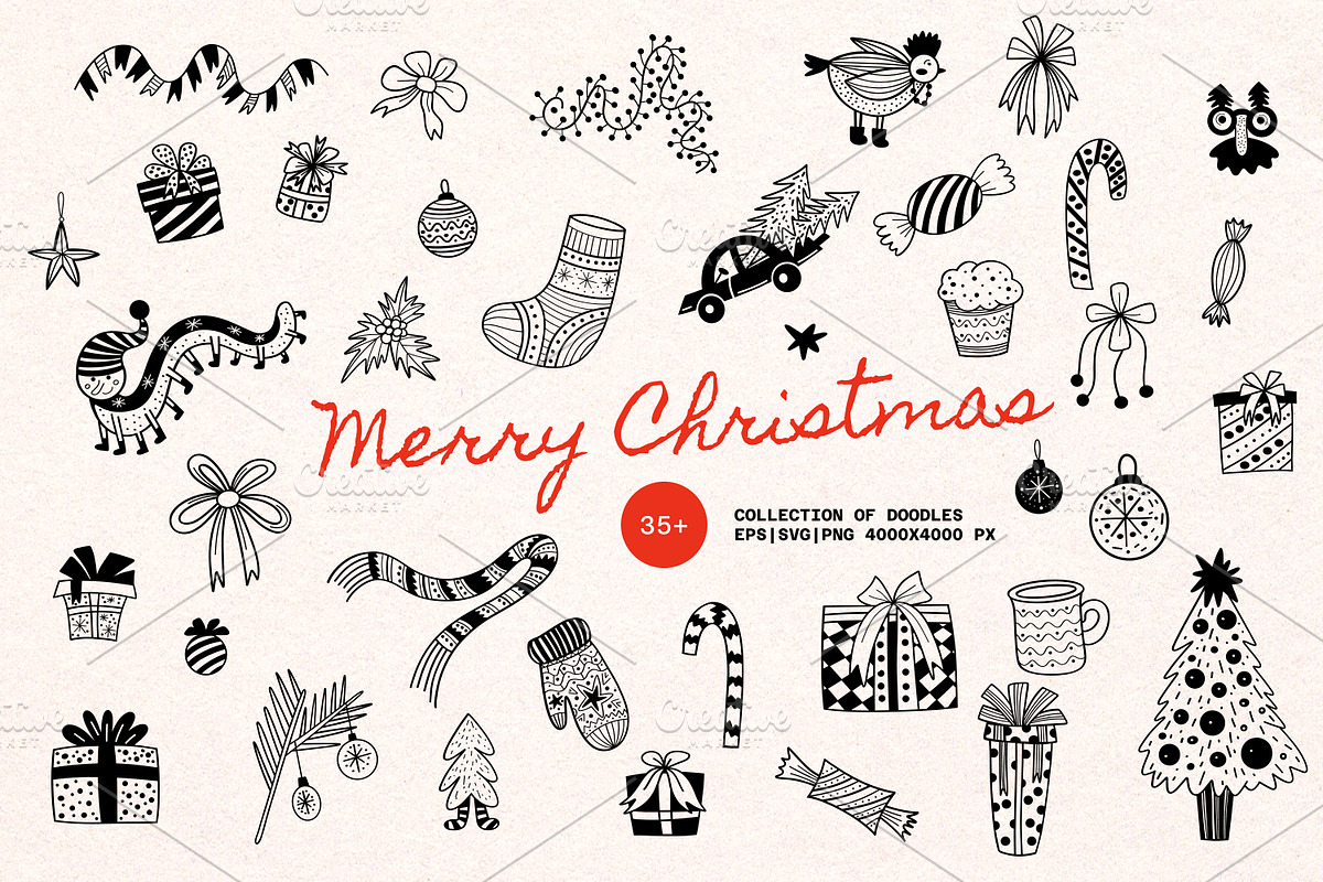 Merry Christmas Doodles Hand Drawn, an Illustration by Art's and patterns (Photo 1 of 5)