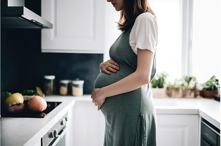 shot of a pregnant woman holding her, a Person Photo by Sergey Kotenev